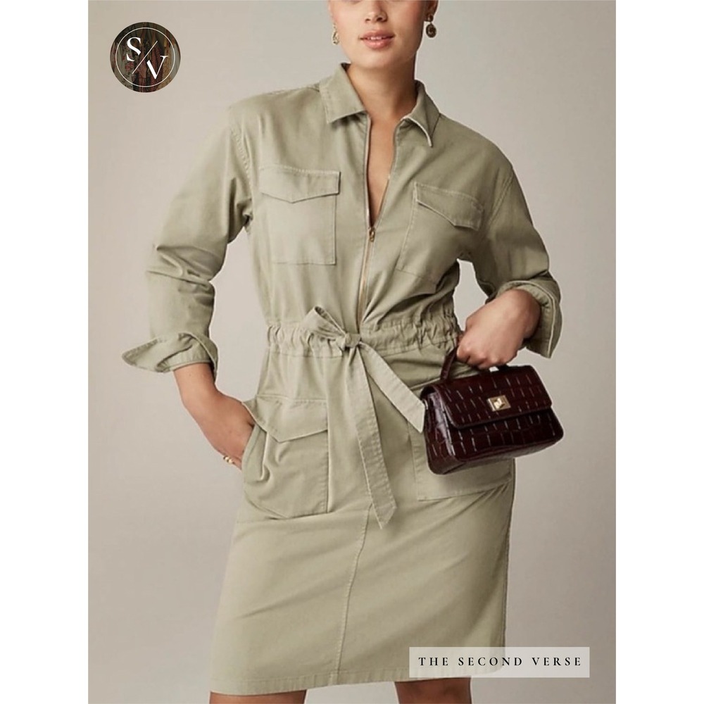 J.Crew Cinched-Waist Utility Dress Stretch Chino Women 10 Sage Green Safari